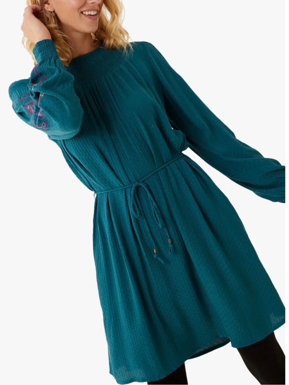 Gorgeous lightweight Long-Sleeve Smocked Waist Dress with embroidery Fatface